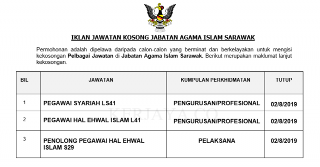 Jabatan Agama Islam Sarawak ~ Kekosongan Jawatan Pentadbiran & Pengurusan