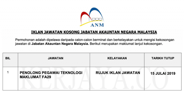 Jabatan Akauntan Negara Malaysia ~ Kekosongan Penolong Pegawai Teknologi Maklumat FA29
