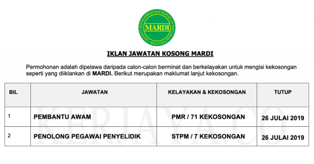 MARDI ~ Pengambilan 78 Kekosongan Pembantu Awam & Penolong Pegawai Penyelidik di Buka