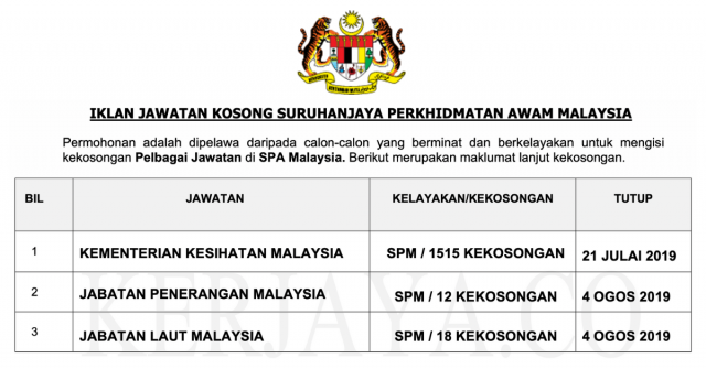 Jawatan Kosong Suruhanjaya Perkhidmatan Awam Malaysia (SPA) Ambilan Julai ~ Ogos 2019
