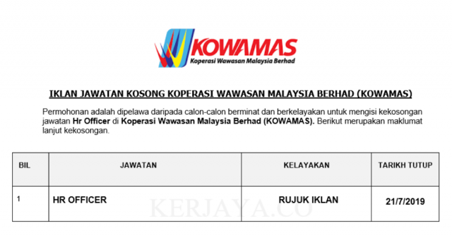 Koperasi Wawasan Malaysia Berhad (KOWAMAS) ~ HR Officer