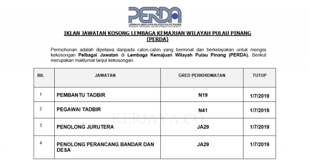 Lembaga Kemajuan Wilayah Pulau Pinang (PERDA) ~ Pembantu Tadbir , Penolong Jurutera, Penolong Perancang Bandar dan Desa & DLL