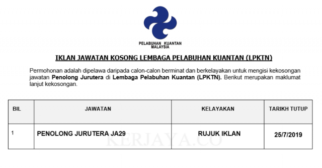 Lembaga Pelabuhan Kuantan (LPKTN) ~ Penolong Jurutera
