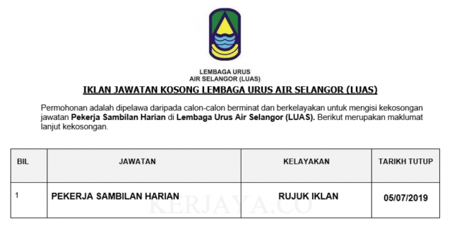 Lembaga Urus Air Selangor (LUAS) ~ Pekerja Sambilan Harian