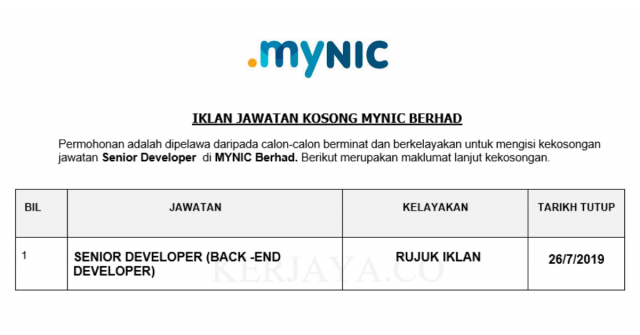MYNIC Berhad ~ Senior Developer
