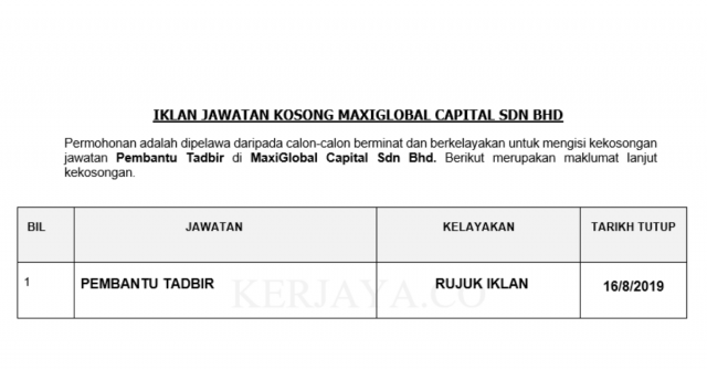 MaxiGlobal Capital ~ Pembantu Tadbir