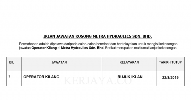Metra Hydraulics ~ Operator Kilang