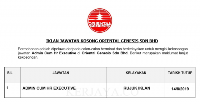 Oriental Genesis ~ Pembantu Tadbir & Eksekutif Sumber Manusia