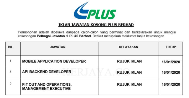 PLUS Berhad ~ Pelbagai Kekosongan Jawatan Baru