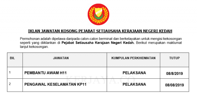 SUK Kedah ~ Kekosongan Jawatan Pentadbiran & Pengurusan