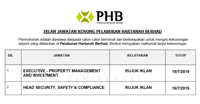 Pelaburan Hartanah Berhad ~ Eksekutif & Head Security, Safety & Compliance