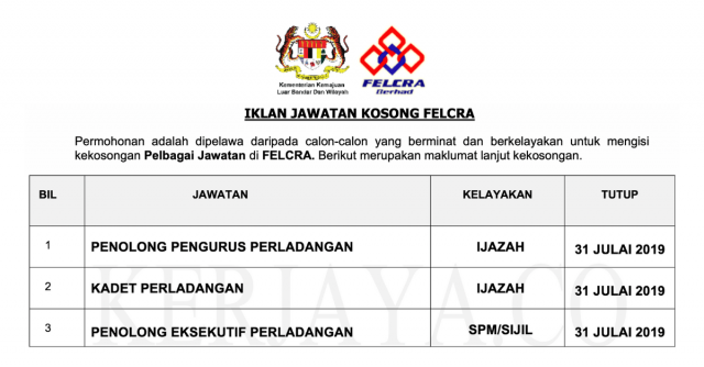 FELCRA ~ Pelbagai Kekosongan Jawatan