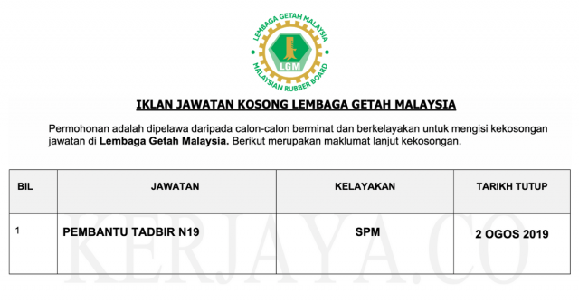 Pembantu Tadbir Pekeranian Operasi N19 di Lembaga Getah Malaysia