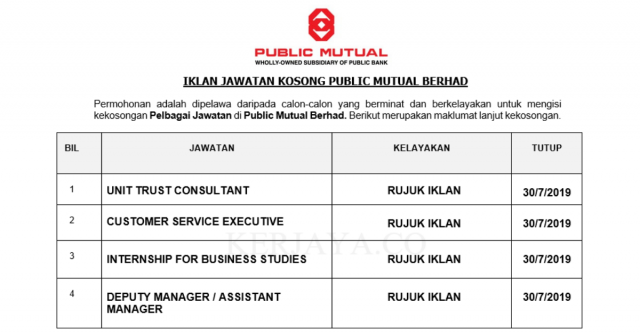 Public Mutual Berhad ~ Pelbagai Kekosongan Baru 2019