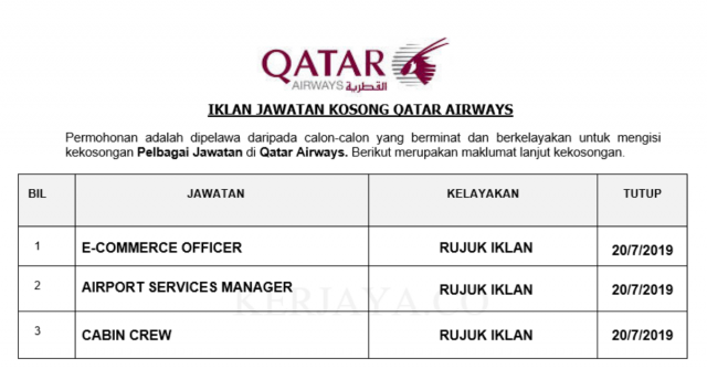 Qatar Airways ~ Pelbagai Jawatan Baru 2019