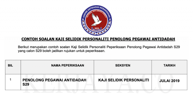 Contoh Soalan Kaji Selidik Personaliti Penolong Pegawai Antidadah S29