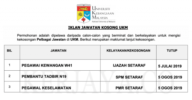 UKM / Pelbagai Kekosongan Jawatan Pentadbiran Pengurusan & Pelaksana