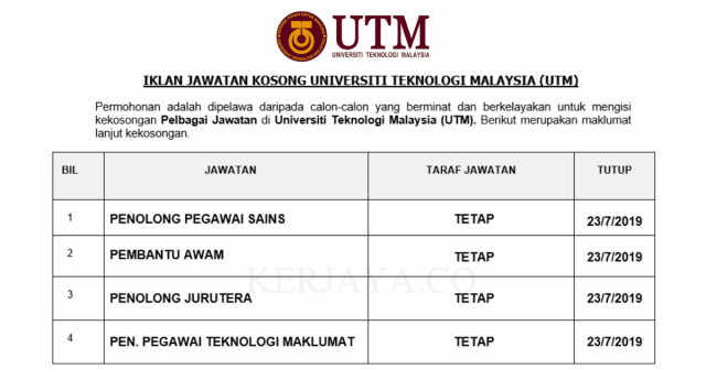 Universiti Teknologi Malaysia (UTM)~ Pembantu Awam, Penolong Pegawai Sains & Penolong Pegawai Teknologi Maklumat