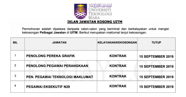 Universiti Teknologi Mara (UiTM) ~ Kekosongan Jawatan Bukan Akademik