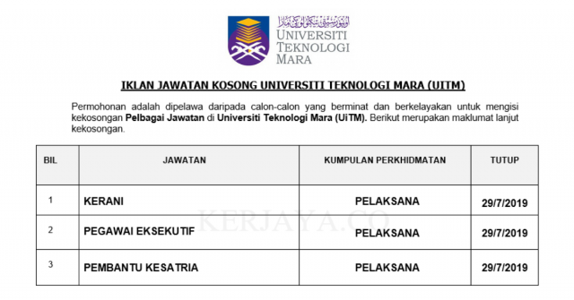 Universiti Teknologi Mara (UiTM) ~ Kerani, Pembantu Kesatria & Pegawai Eksekutif