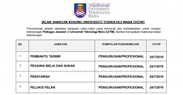 Universiti Teknologi Mara (UiTM) ~ Pembantu Tadbir & Pegawai Belia dan Sukan
