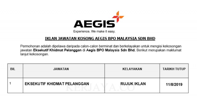 Aegis BPO Malaysia ~ Eksekutif Khidmat Pelanggan