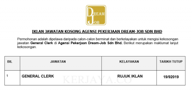 Agensi Pekerjaan Dream-Job ~ General Clerk