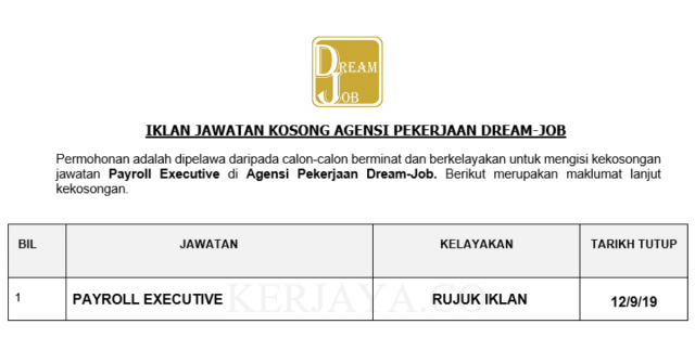 Agensi Pekerjaan Dream-Job ~ Payroll Executive