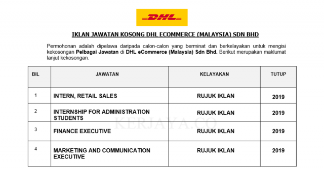 DHL Express (Malaysia) ~ Intern, Retail Sales, Finance Executive, Internship for Administration Students & Pelbagai Jawatan Lain