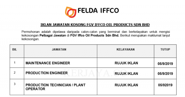 FGV Iffco ~ Pelbagai Kekosongan Jawatan