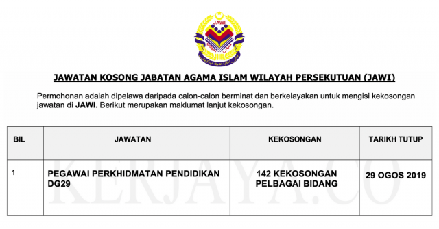 Jabatan Agama Islam Wilayah Persekutuan (JAWI) ~ 142 Kekosongan Jawatan Ambilan 2019