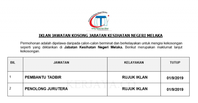 Jabatan Kesihatan Negeri Melaka ~ Pembantu Tadbir & Penolong Jurutera