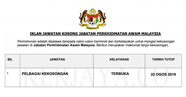 Iklan Jawatan Jabatan Perkhidmatan Awam Malaysia ~ 129 Kekosongan Baru Pelbagai Jabatan & Kementerian
