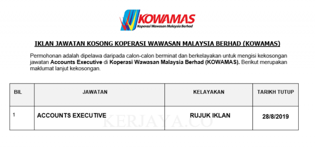 Koperasi Wawasan Malaysia Berhad (KOWAMAS) ~ Eksekutif Akaun