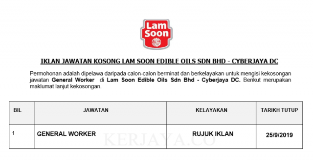 Lam Soon Edible Oils ~ General Worker