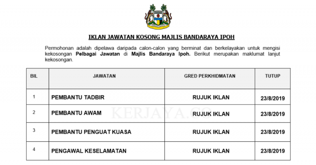Majlis Bandaraya Ipoh ~ Pembantu Tadbir, Pembantu Awam, Pembantu Penguatkuasa & DLL