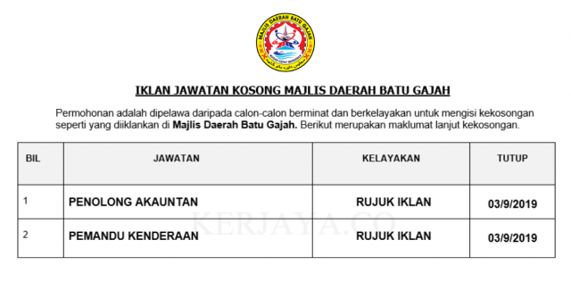 Majlis Daerah Batu Gajah ~ Penolong Akauntan & Pemandu Kenderaan