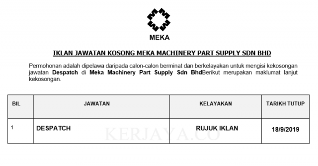 Meka Machinery Part Supply ~ Despatch