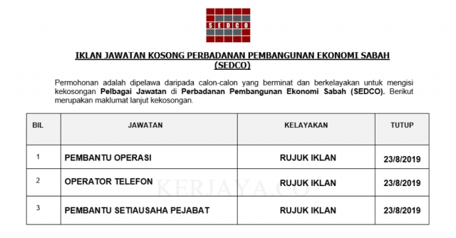 Perbadanan Pembangunan Ekonomi Sabah (SEDCO) ~ Pembantu Setiausaha Pejabat, Operator Telefon & Pembantu Operasi