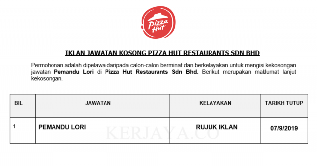 Pizza Hut Restaurants ~ Pemandu Lori