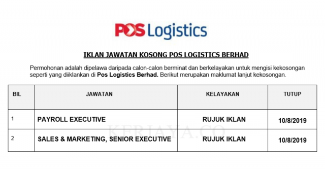 Pos Logistics Berhad ~ Payroll Officer & Sales & Marketing