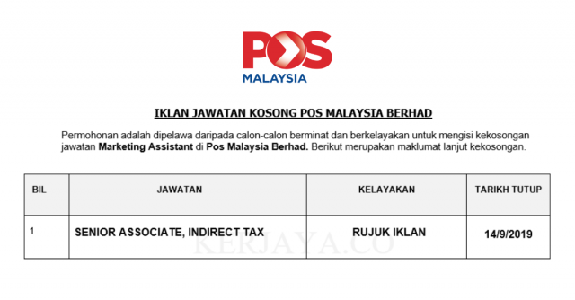 Pos Malaysia Berhad ~ Senior Associate, Indirect Tax