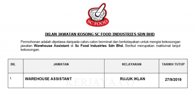 SC Food Industries ~ Warehouse Assistant