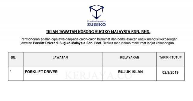Sugiko Malaysia ~ Forklif Driver