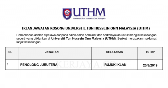 Universiti Tun Hussein Onn Malaysia (UTHM) ~ Penolong Jurutera