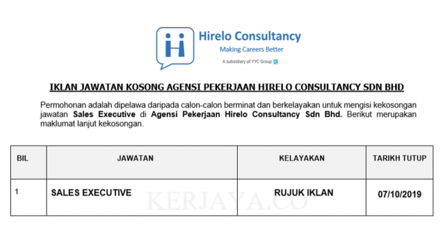 Agensi Pekerjaan Hirelo Consultancy ~ Sales Executive