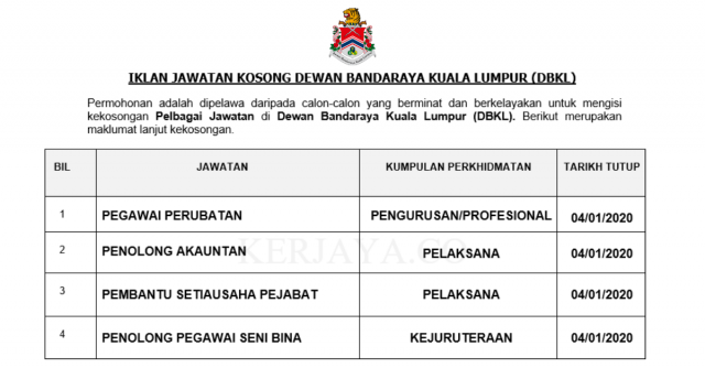 Dewan Bandaraya Kuala Lumpur (DBKL) ~ Pem. Setiausaha Pejabat, Peg. Perubatan, Pen. Akauntan & Pelbagai Jawatan