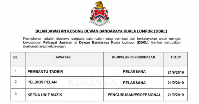 Dewan Bandaraya Kuala Lumpur (DBKL) ~ Pembantu Tadbir, Pelukis Pelan & Ketua Unit Muzik