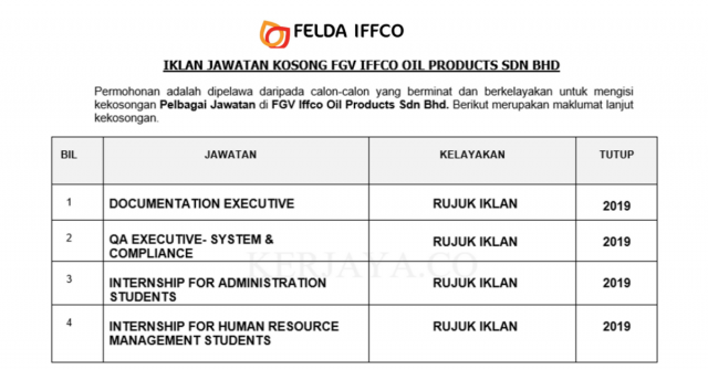 FGV Iffco Oil Products ~ Internship For Administration Students,Human Resource Management Students,Documentation Executive & Pelbagai Jawatan