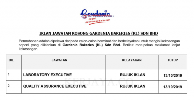 Gardenia Bakeries ~ Laboratory Executive & Quality Assurance Executive